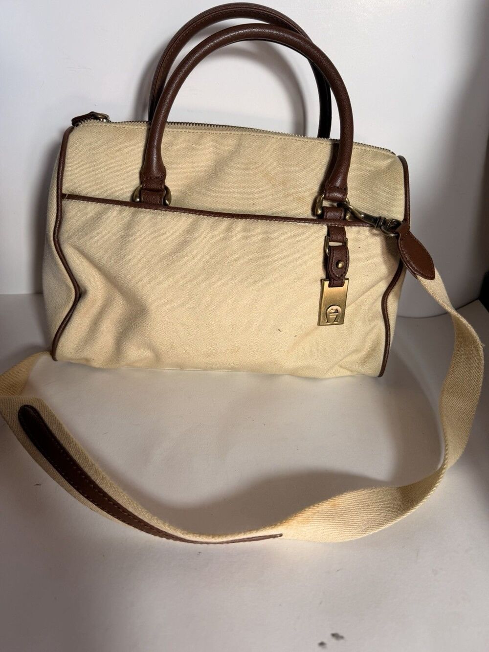 Etienne Aigner Beige Canvas Brown Leather Satchel Bag Crossbody Purse 21105